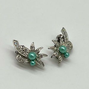 Vintage Clip-on Rhinestone and Blue Pearl Earrings